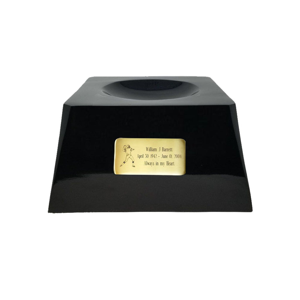 Football Cremation Urn with Optional Wisconsin Badgers Ball Decor and Custom Metal Plaque -  product_seo_description -  Football Team Urns -  Divinity Urns.