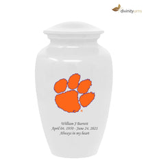 Clemson University Tigers White Urn with Orange Paw,  Sports Urn - Divinity Urns