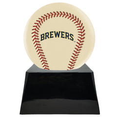 Baseball Cremation Urn with Optional Ivory Milwaukee Brewers Ball Decor and Custom Metal Plaque