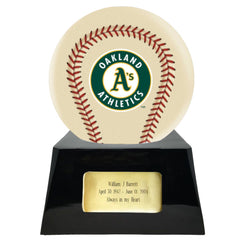 Baseball Cremation Urn with Optional Ivory Oakland Athetics Ball Decor and Custom Metal Plaque -  product_seo_description -  Baseball -  Divinity Urns.
