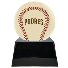 Baseball Cremation Urn with Optional Ivory San Diego Padres Ball Decor and Custom Metal Plaque
