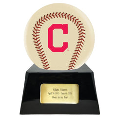 Baseball Cremation Urn with Optional Ivory Cleveland Indians Ball Decor and Custom Metal Plaque -  product_seo_description -  Baseball -  Divinity Urns.