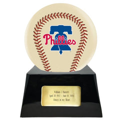 Baseball Cremation Urn with Optional Ivory Philadelphia Phillies Ball Decor and Custom Metal Plaque -  product_seo_description -  Baseball -  Divinity Urns.