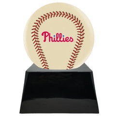 Baseball Cremation Urn with Optional Ivory Philadelphia Phillies Ball Decor and Custom Metal Plaque