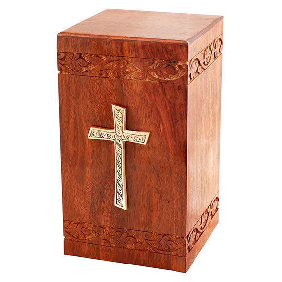 Solid Rosewood Cremation Urn - Border Carved Design with Brass Cross -  product_seo_description -  Urn For Human Ashes -  Divinity Urns.