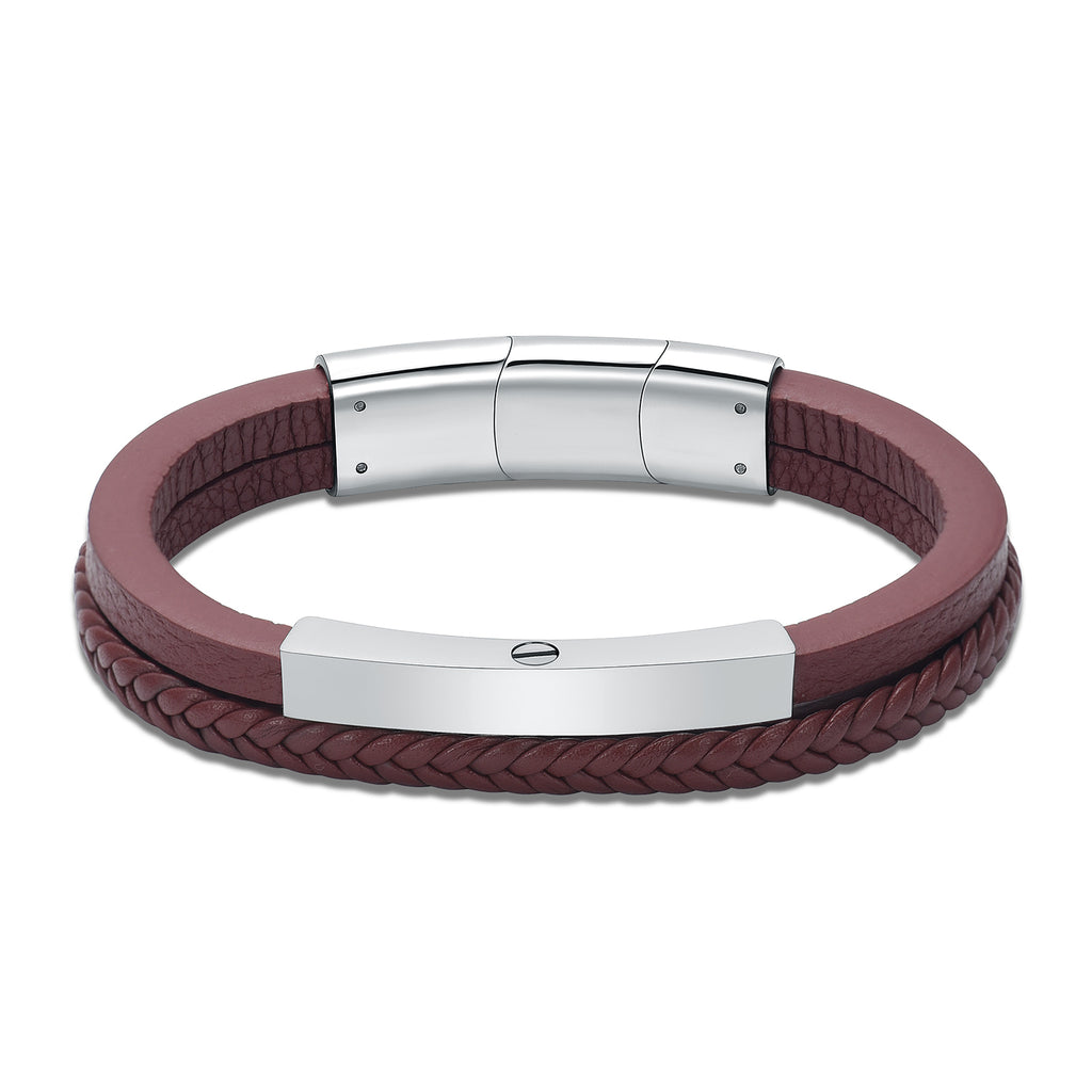 Triple Band Brown Leather & Silver Metal Cremation Bracelet