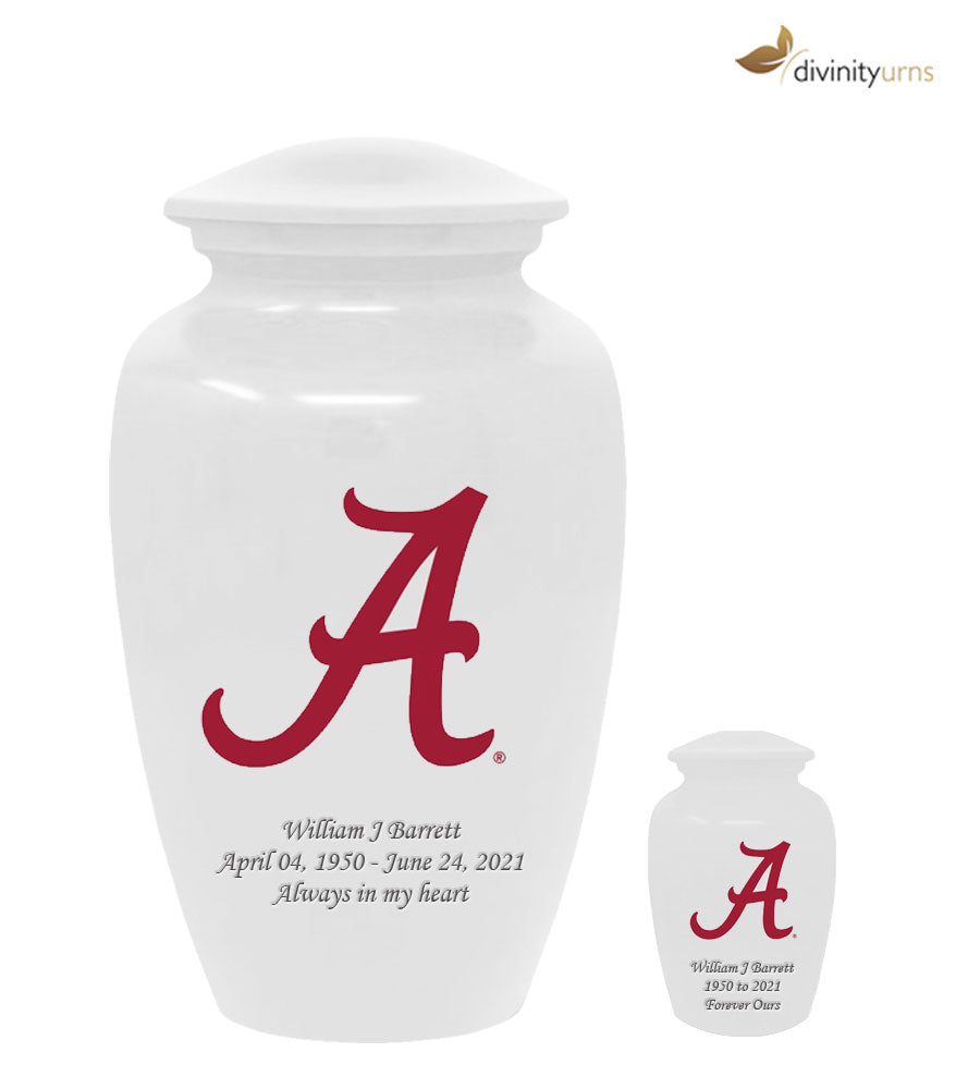 White Alabama Crimson Tide Collegiate Football Cremation Urn with Red  "A",  Sports Urn - Divinity Urns