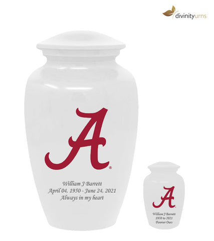 White Alabama Crimson Tide Collegiate Football Cremation Urn with Red  "A",  Sports Urn - Divinity Urns