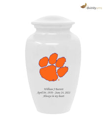 Clemson University Tigers White Urn with Orange Paw,  Sports Urn - Divinity Urns