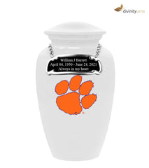 Clemson University Tigers White Urn with Orange Paw