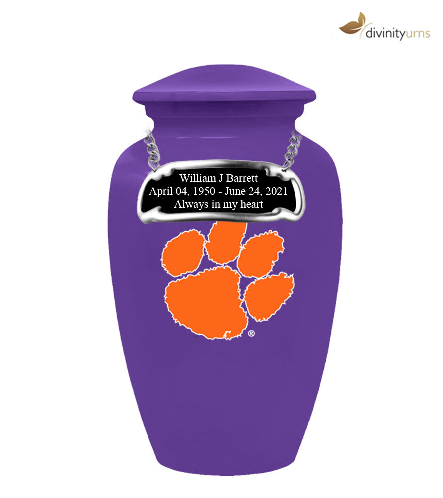Clemson University Tigers Purple Urn with Orange Paw,  Sports Urn - Divinity Urns