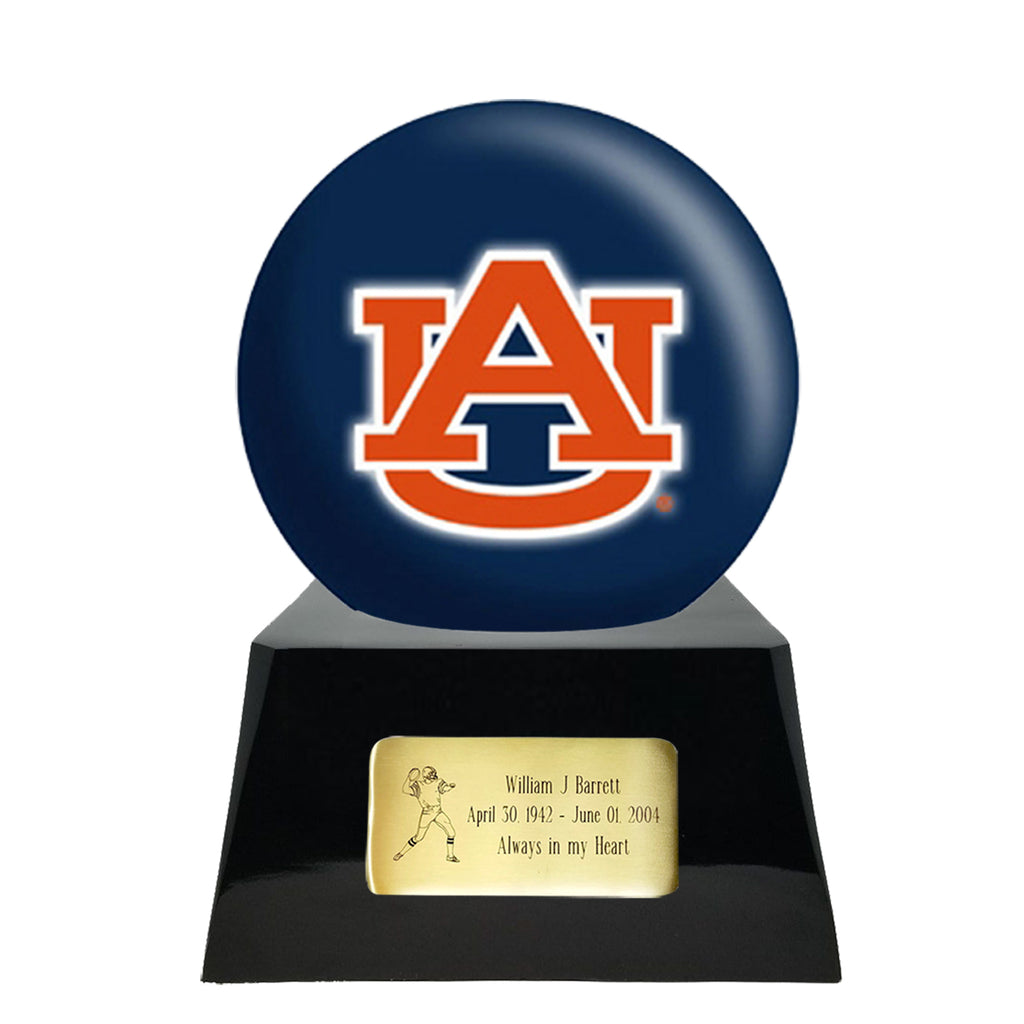 Football Cremation Urn with Optional Auburn Tigers Ball Decor and Custom Metal Plaque -  product_seo_description -  Football Team Urns -  Divinity Urns.