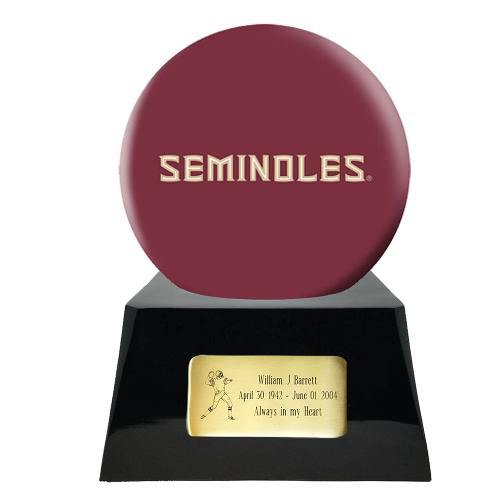 Football Cremation Urn with Optional Florida State University Seminoles Ball Decor and Custom Metal Plaque -  product_seo_description -  Football Team Urns -  Divinity Urns.