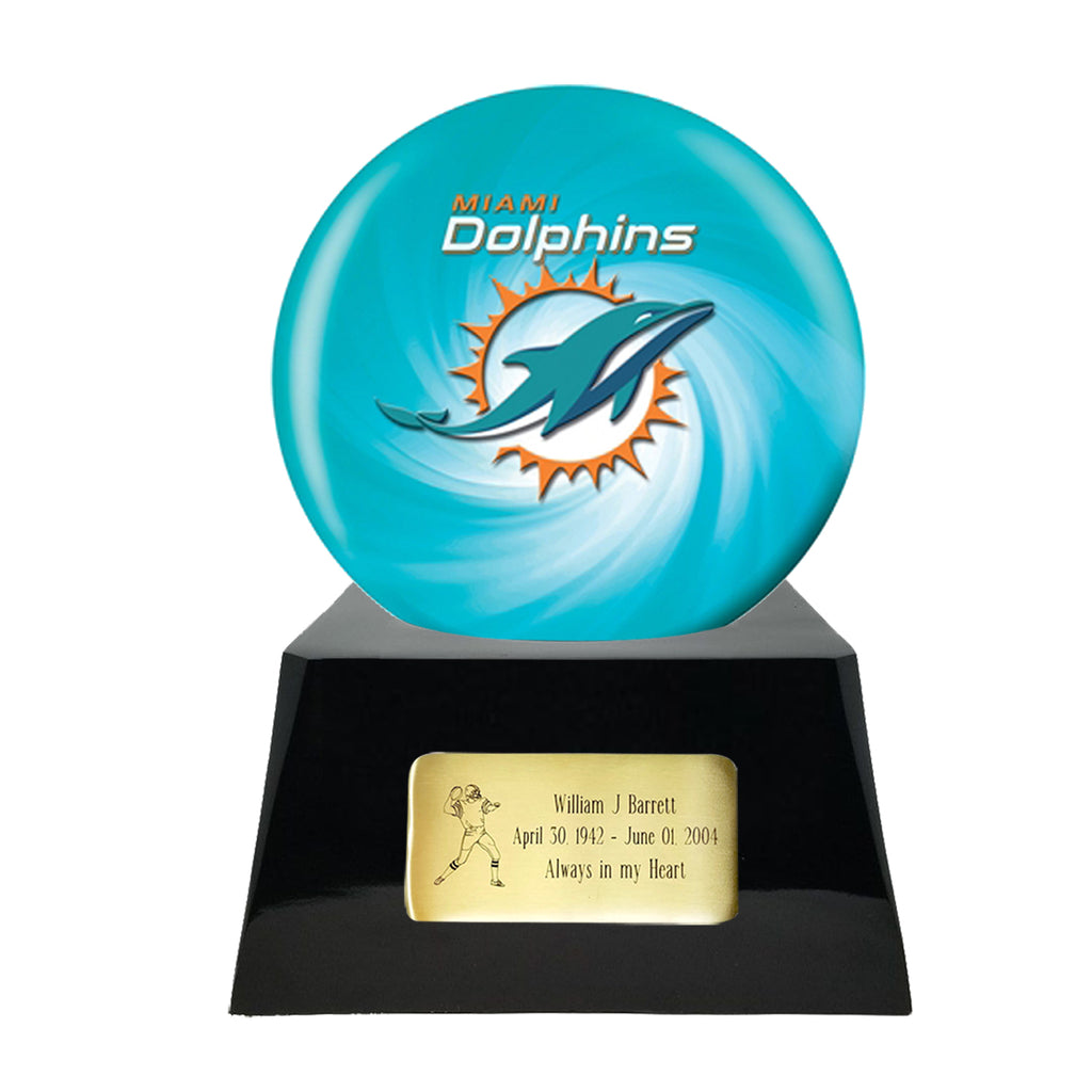 Football Cremation Urn with Optional Miami Dolphins Ball Decor and Custom Metal Plaque -  product_seo_description -  Sports Urn -  Divinity Urns.