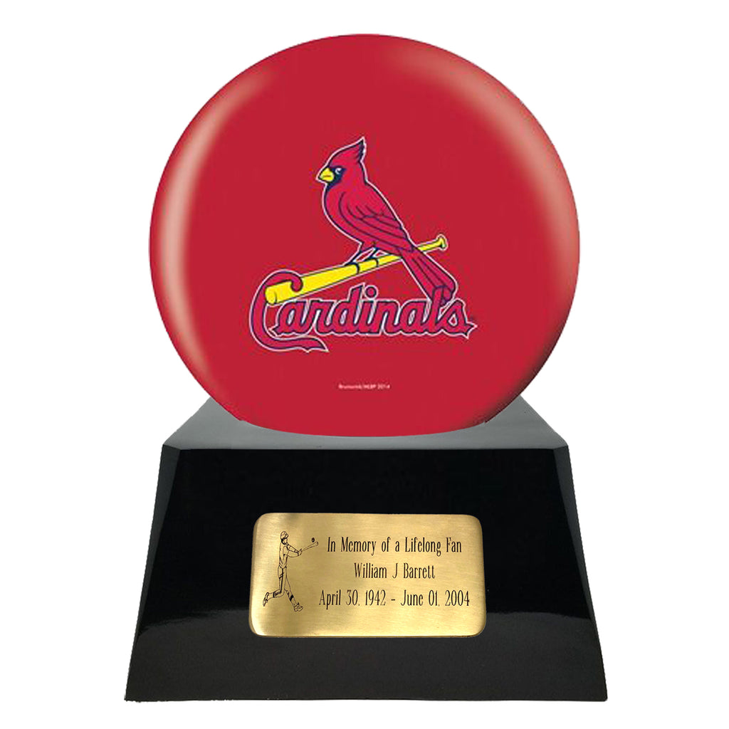 Baseball Cremation Urn with Optional Ivory St. Louis Cardinals Ball Decor  and Custom Metal Plaque