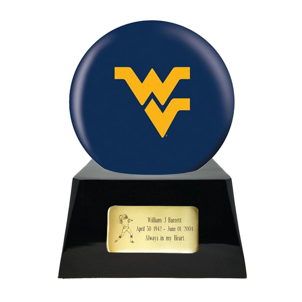 Football Cremation Urn with Optional West Virginia Mountaineers Ball Decor and Custom Metal Plaque -  product_seo_description -  Football Team Urns -  Divinity Urns.