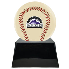 Baseball Cremation Urn with Optional Ivory Colorado Rockies Ball Decor and Custom Metal Plaque