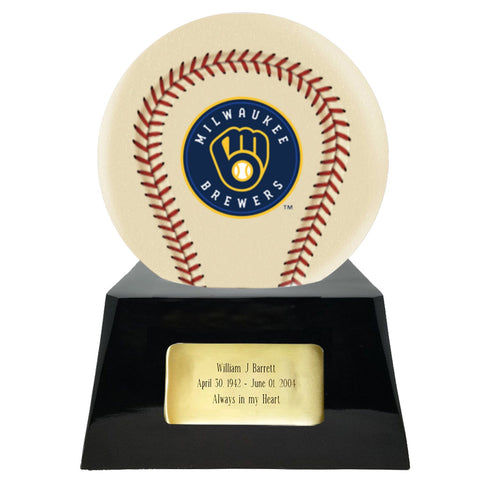 Baseball Cremation Urn with Optional Ivory Milwaukee Brewers Ball Decor and Custom Metal Plaque -  product_seo_description -  Baseball -  Divinity Urns.
