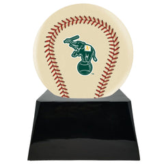 Baseball Cremation Urn with Optional Ivory Oakland Athetics Ball Decor and Custom Metal Plaque