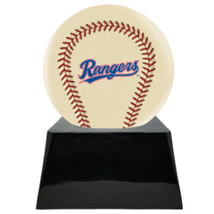 Baseball Cremation Urn with Optional Ivory Texas Rangers Ball Decor and Custom Metal Plaque