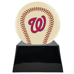 Baseball Cremation Urn with Optional Ivory Washington Nationals Ball Decor and Custom Metal Plaque