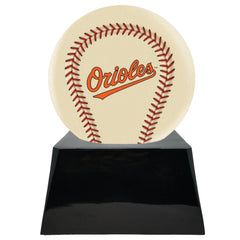 Baseball Cremation Urn with Optional Ivory Baltimore Orioles Ball Decor and Custom Metal Plaque