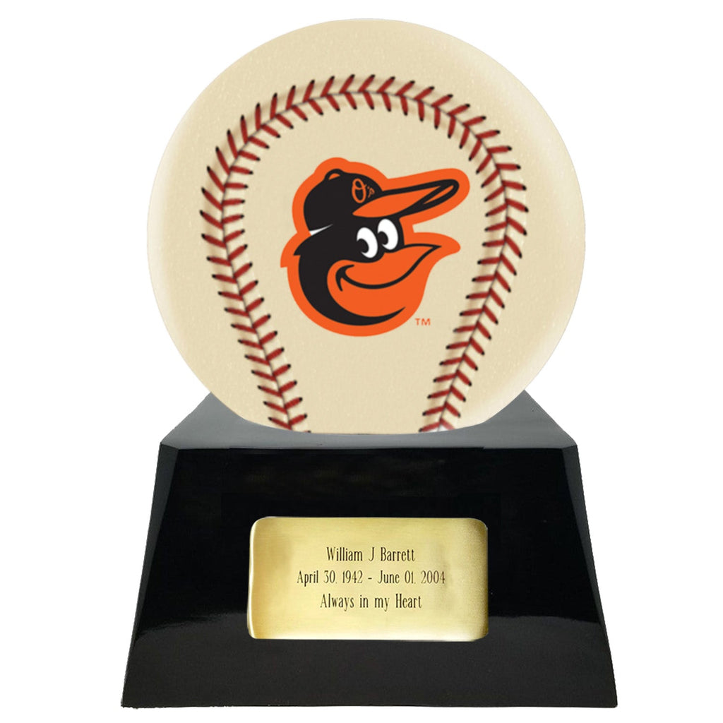 Baseball Cremation Urn with Optional Ivory Baltimore Orioles Ball Decor and Custom Metal Plaque -  product_seo_description -  Baseball -  Divinity Urns.