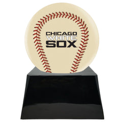 Baseball Cremation Urn with Optional Ivory Chicago White Sox Ball Decor and Custom Metal Plaque
