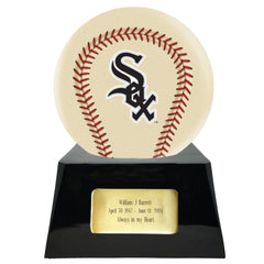 Baseball Cremation Urn with Optional Ivory Chicago White Sox Ball Decor and Custom Metal Plaque -  product_seo_description -  Baseball -  Divinity Urns.