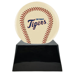 Baseball Cremation Urn with Optional Ivory Detroit Tigers Ball Decor and Custom Metal Plaque