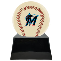 Baseball Cremation Urn with Optional Ivory Miami Marlins Ball Decor and Custom Metal Plaque