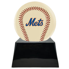 Baseball Cremation Urn with Optional Ivory New York Mets Ball Decor and Custom Metal Plaque