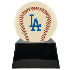 Baseball Cremation Urn with Optional Ivory Los Angeles Dodgers Ball Decor and Custom Metal Plaque