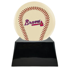 Baseball Cremation Urn with Optional Ivory Atlanta Braves Ball Decor and Custom Metal Plaque