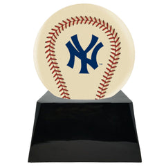 Baseball Cremation Urn with Optional Ivory New York Yankees Ball Decor and Custom Metal Plaque