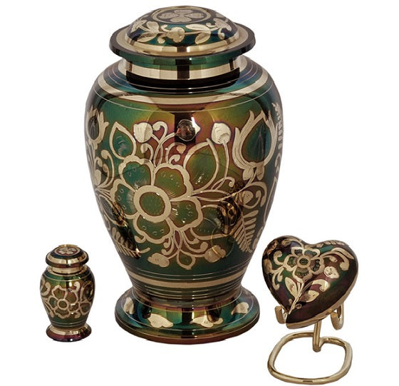 Floral Emerald Green Brass Cremation Urn -  product_seo_description -  Brass Urn -  Divinity Urns.