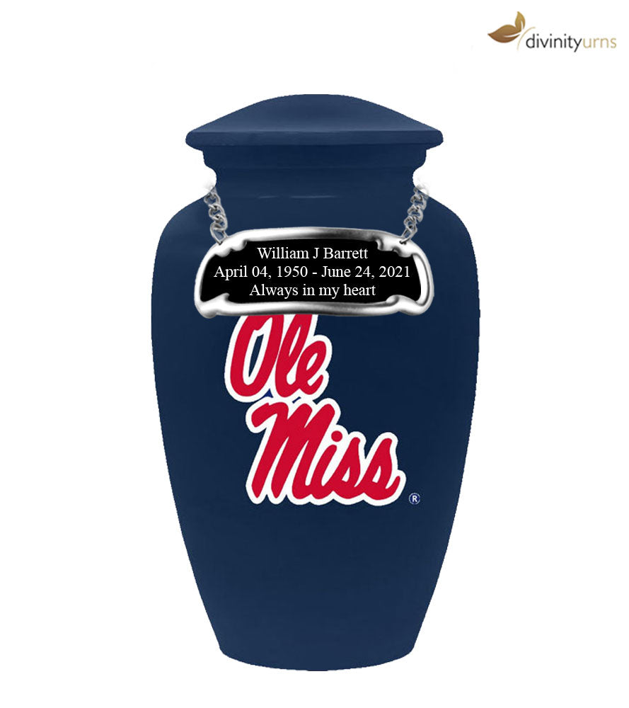 Mississippi Ole Miss Rebels Blue Collegiate Memorial Cremation Urn,  Sports Urn - Divinity Urns