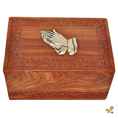 Praying Hand Inlaid Cremation Urn in Solid Rosewood Border Hand Carved Design -  product_seo_description -  Urn For Human Ashes -  Divinity Urns.