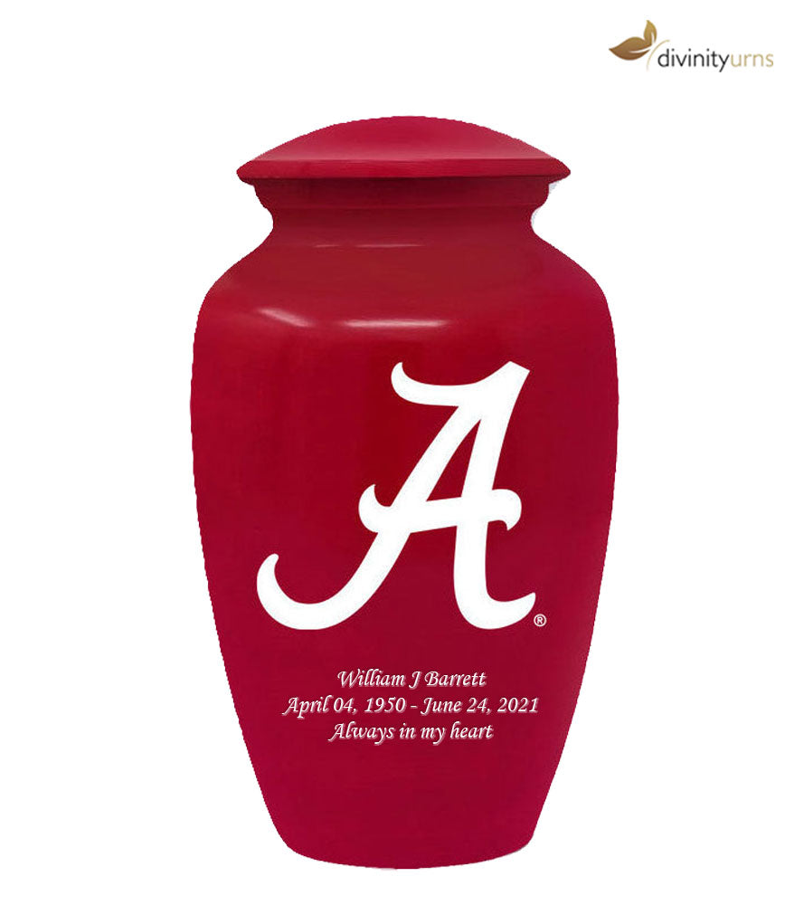 Red Alabama Crimson Tide Collegiate Football Cremation Urn with White "A",  Sports Urn - Divinity Urns