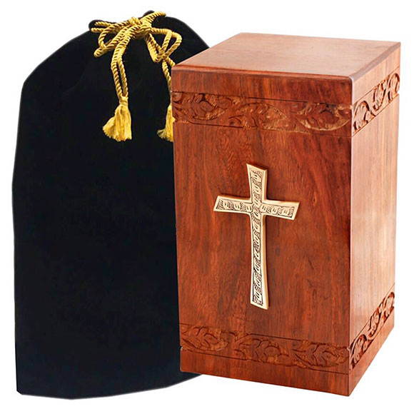 Solid Rosewood Cremation Urn - Border Carved Design with Brass Cross -  product_seo_description -  Urn For Human Ashes -  Divinity Urns.