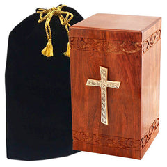 Solid Rosewood Cremation Urn - Border Carved Design with Brass Cross