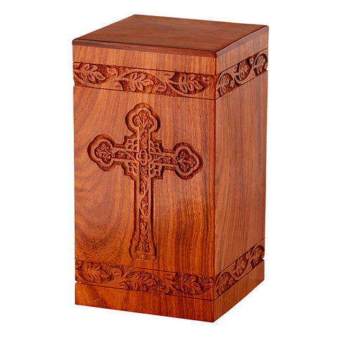 Solid Rosewood Cremation Urn with Engraved Cross -  product_seo_description -  Adult Urn -  Divinity Urns.