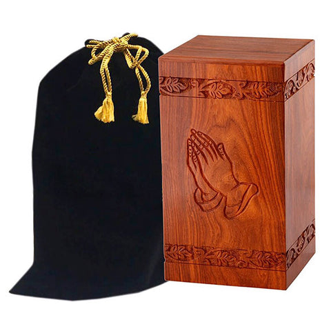 Solid Rosewood Cremation Urn with Hand Carved Praying Hand -  product_seo_description -  Adult Urn -  Divinity Urns.